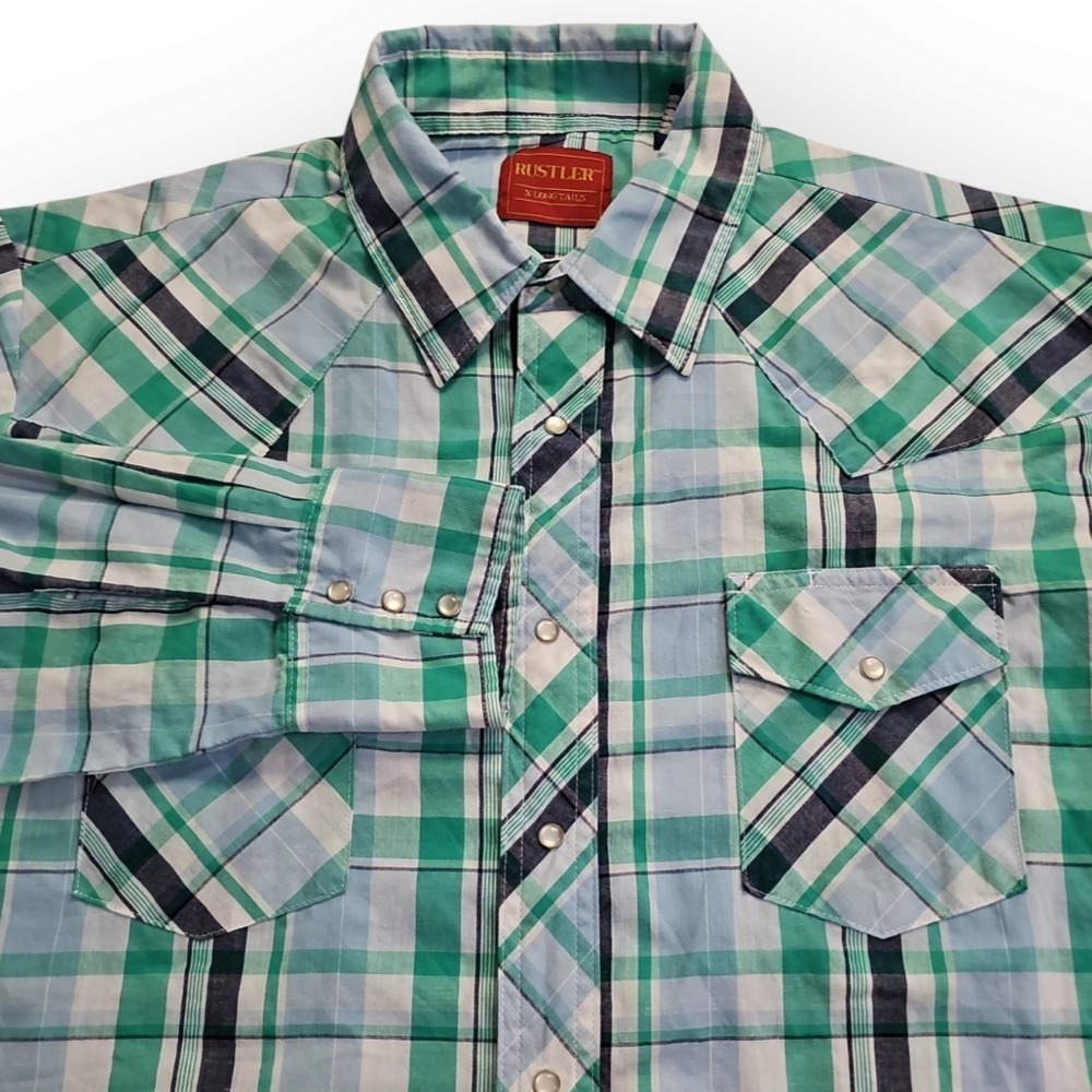 Rustler X-Long Tails Teal, White, Navy Western Pearl Snap Wrangler Cowboy Rodeo